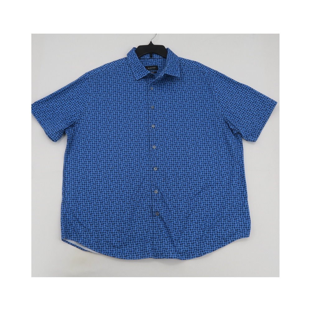Bugatchi OoohCotton Tech Shirt Mens 3XL Blue Black Wavy Check 8-Way Stretch SS